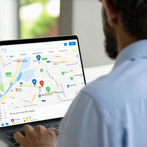 Expert analyzing Google Maps ranking data on a laptop in a professional office