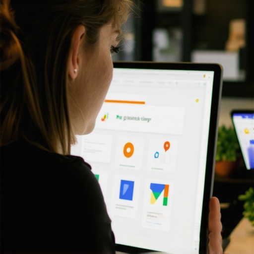 Early Morning GMB Optimization Business owner optimizing GMB profile at dawn with SEO tools