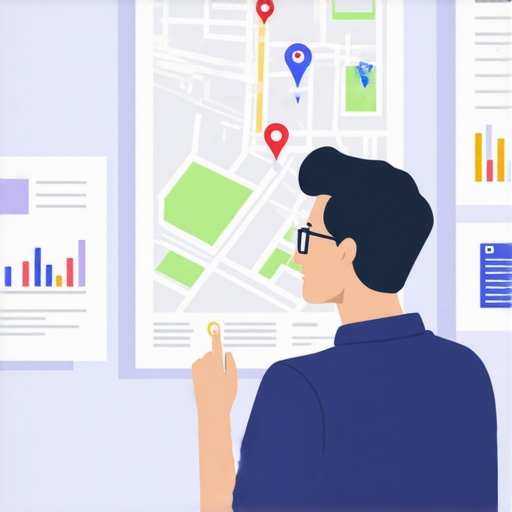 SEO expert reviewing local map rankings with charts and digital maps