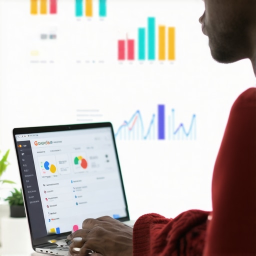 Person working on Google Business Profile optimization with charts and maps in the background.