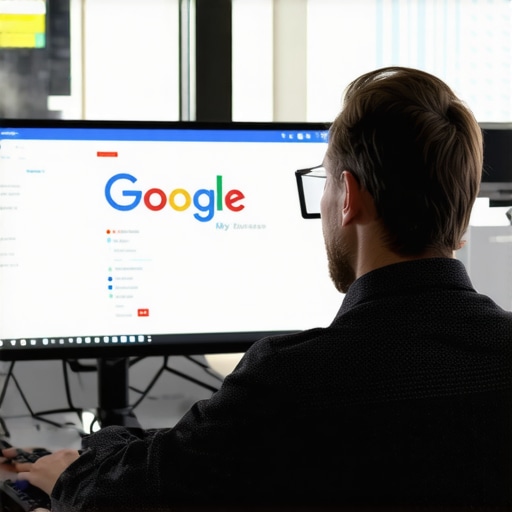 Business owner updating GMB profile on a laptop with analytics charts in the background.