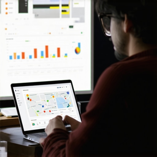 Business owner editing Google My Business profile on laptop with maps and analytics