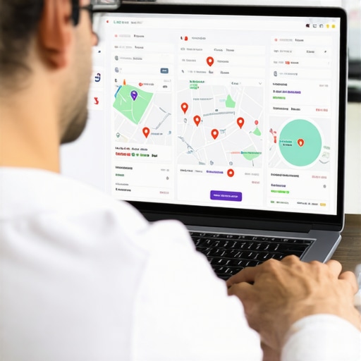 Person reviewing Google Maps ranking data on a laptop with a map interface.