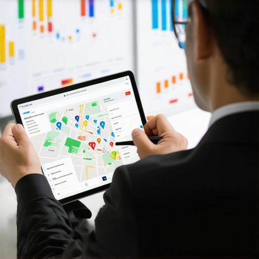 Person analyzing local SEO data on digital device with maps and graphs