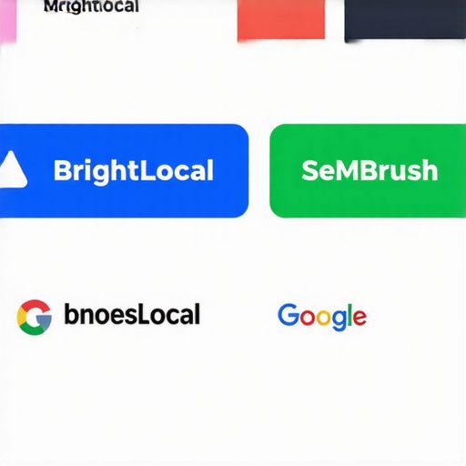 A collage of screens showcasing local SEO tools like BrightLocal, SEMrush, and Google My Business dashboards.