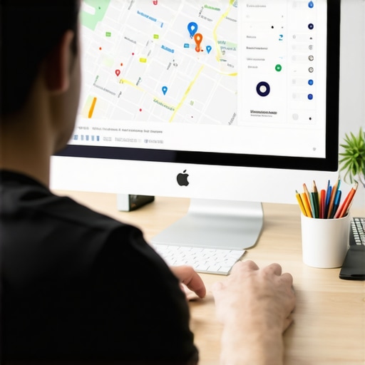 A digital workspace where a person optimizes a Google My Business profile with charts and maps