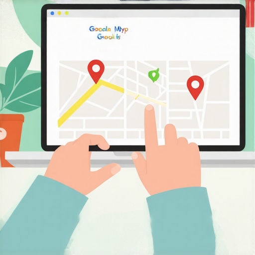 Optimizing GMB Profile for Google Maps Person updating their Google My Business profile on a laptop with local map icons around.