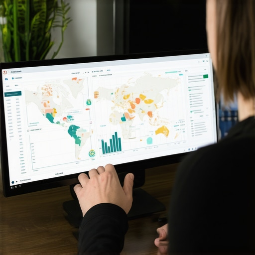 Analyzing Local SEO Data Marketing professional reviewing local SEO performance on a computer with maps and analytics graphs.