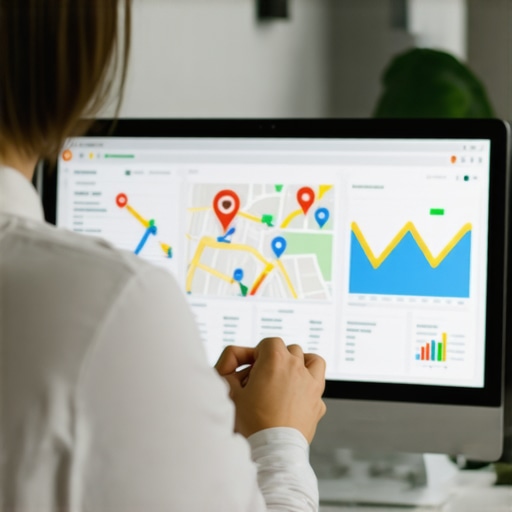 Data-Driven Map Optimization Person reviewing Google Maps analytics with charts showing ranking improvements.