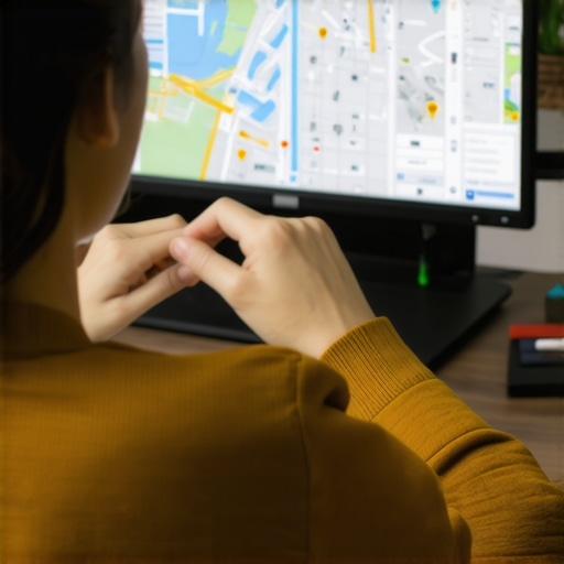 Person reviewing map optimization data on a laptop with charts and pins.