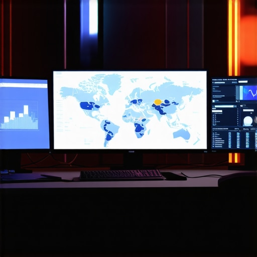 A professional workspace with screens showing map ranking analyses and geospatial data tools.