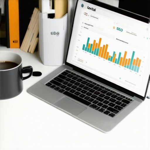 A workspace with SEO analytics software open on a laptop, showing map ranking metrics, surrounded by SEO-related materials and a coffee cup.