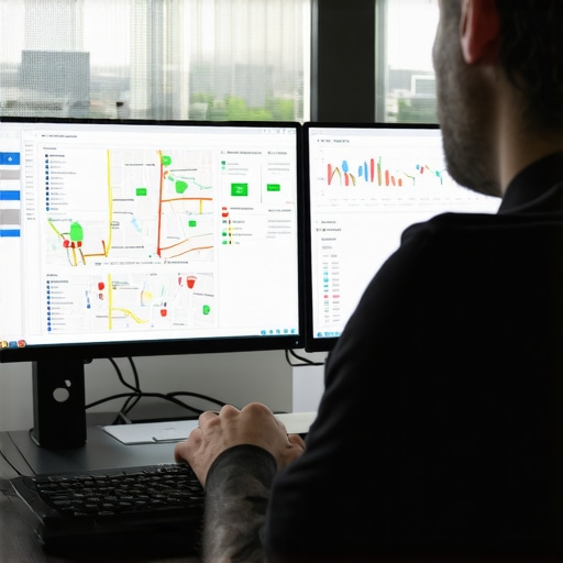 Analyzing Map Ranking Data with Advanced Tools Person examining local SEO data and map rankings on computer monitors.