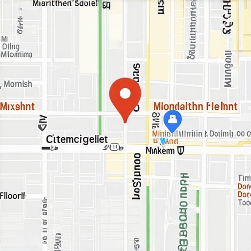 Illustration of a busy downtown area with numerous local business pins on Google Maps.