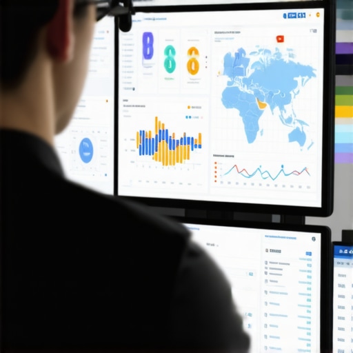 Digital SEO Dashboard with Map Analytics Person analyzing local SEO metrics on a digital dashboard with maps and graphs