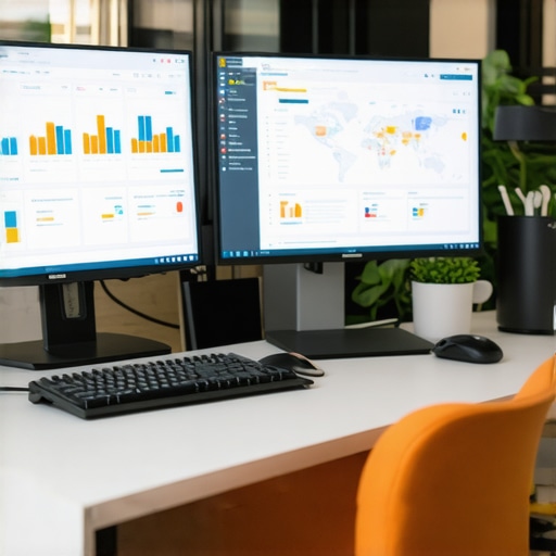 Close-up of dual computer screens displaying SEO analytics dashboards and map ranking charts, modern workspace setting