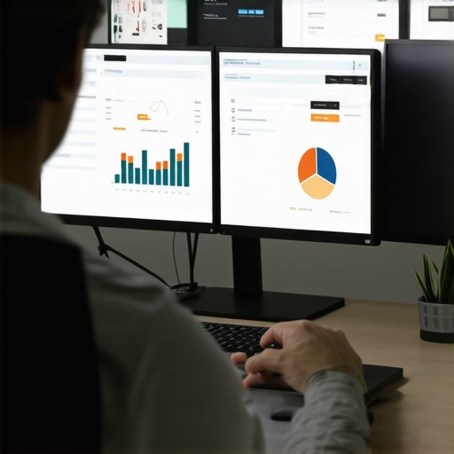 Top Tools for Map Pack Maintenance A person working with SEO software and analytics on multiple monitors to manage map listing rankings.